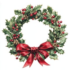 Fototapeta premium Holly wreath red ribbon traditional celebration decoration.