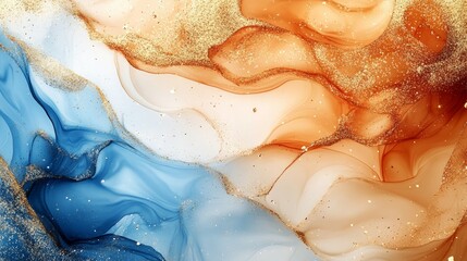 Obraz premium Abstract fluid art painting with blue, orange, and gold swirls and glitter.