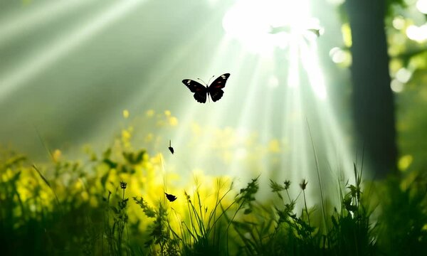 Beautiful natural atmospheric image of spring or summer morning forest with sunbeams breaking through and butterfly in wild grass