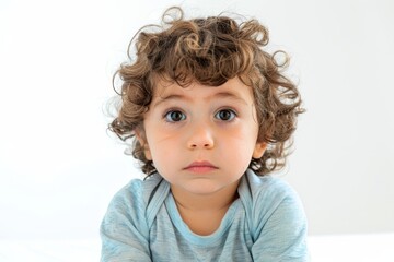 Naklejka premium Cute toddler with curly hair and expressive blue eyes sitting on a soft surface, showcasing innocence and curiosity in a bright, minimalistic setting.