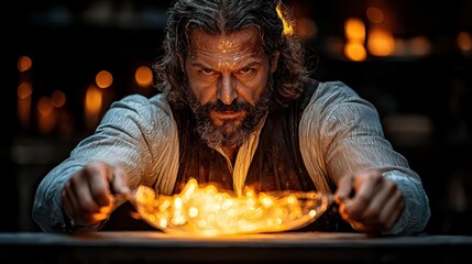 Intense Artisan Crafting Glass Blowing Masterpiece in Warm Glow of Studio, Capturing Skill and Passion in the Heart of Traditional Glass Artistry