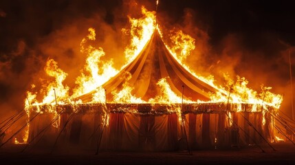 Fiery flames dance around a colorful circus tent, illuminating the night sky as spectators flee from the breathtaking yet terrifying eruption of fire that captures the chaotic scene.