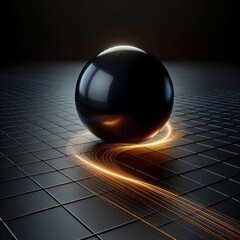 A black sphere leaves a glowing orange trail on a dark grid, suggesting motion.