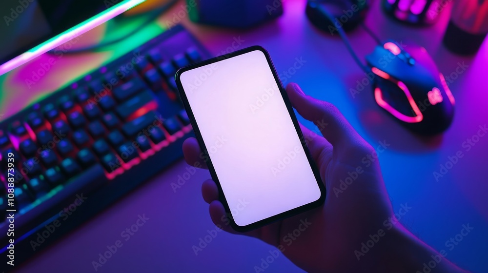 Poster A hand grasps a smartphone in a dimly lit room filled with vibrant light from a gaming setup. A keyboard and mouse sit on the desk, emphasizing the gamer atmosphere.