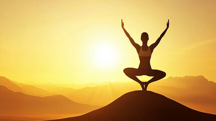 Silhouette of woman practicing yoga at sunset in mountains.