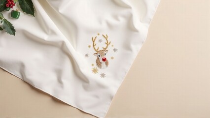 Generative AI, Minimalist Christmas table corner with embroidered reindeer and festive details
