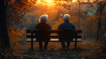 Obraz premium Elderly couple enjoying a peaceful sunset on a park bench surrounded by autumn trees and vibrant colors. Generative AI