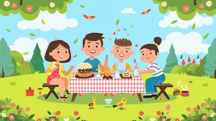 Obraz premium An illustration of four kids having a picnic outdoors.