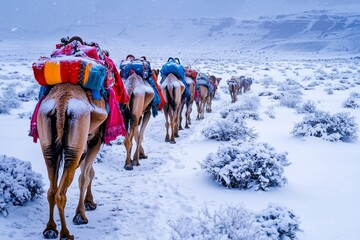 Group of camels adorned with colorful blankets standing in a snowy landscape with hills in the background