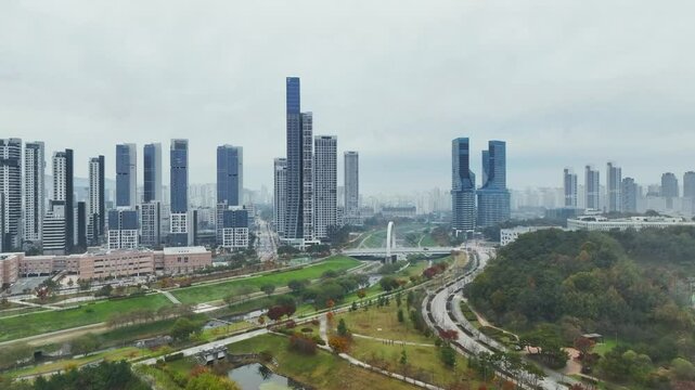 Drone View of Sejong City in South Korea, Park, Autumn, 60fps