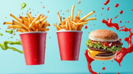 A whimsical fast food explosion of energy, with a detailed burger, fries, and drink flying through vibrant colors.
