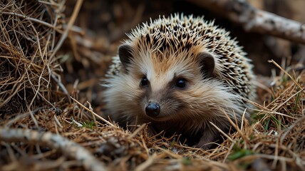 Fototapeta premium Close-up of a cute hedgehog nestled in dried grass and leaves, showcasing its spiky coat and curious expression.
