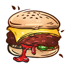 Delicious burger with melted cheese and juicy patty served with toppings
