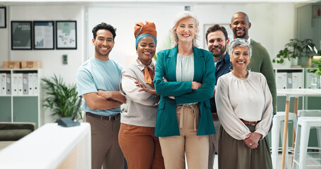 Designers, portrait and confident in office with collaboration, ambition or teamwork. Creative...
