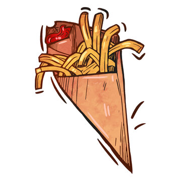 French fries in a cone with ketchup and a bite taken out, showcasing a delicious snack during a casual dining experience