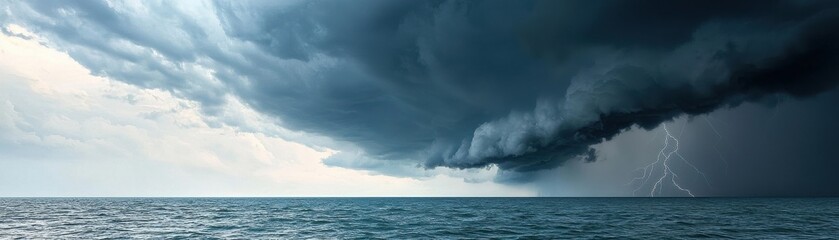 Fototapeta premium A dramatic seascape featuring dark storm clouds looming over a calm ocean, hinting at an impending downpour, with rippling water reflecting the sky.