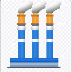 Three blue industrial chimneys with smoke.