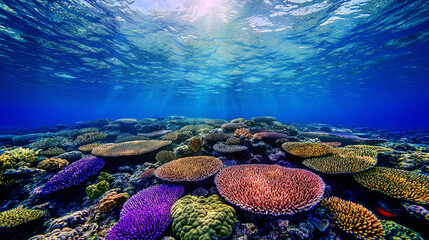 Vibrant Coral Reef with Sunlight Rays Illuminating the Ocean