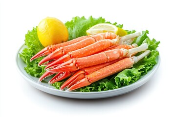 Crab sticks with lettuce leaves and lemon on plate isolated on white