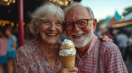 Happy elderly couple enjoying ice cream together at a lively fairground during sunset. Generative AI