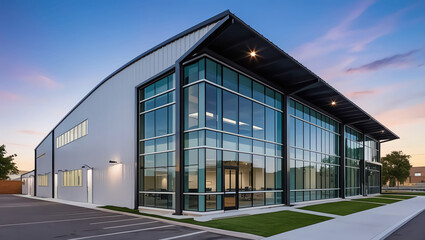 Fototapeta premium Contemporary Warehouse Office Exterior Featuring Sleek Steel and Glass, Embodying Industrial Chic Design and Modern Aesthetics.