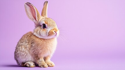 Fototapeta premium A cute rabbit sitting on a pastel purple background, showcasing its fluffy fur and expressive eyes.