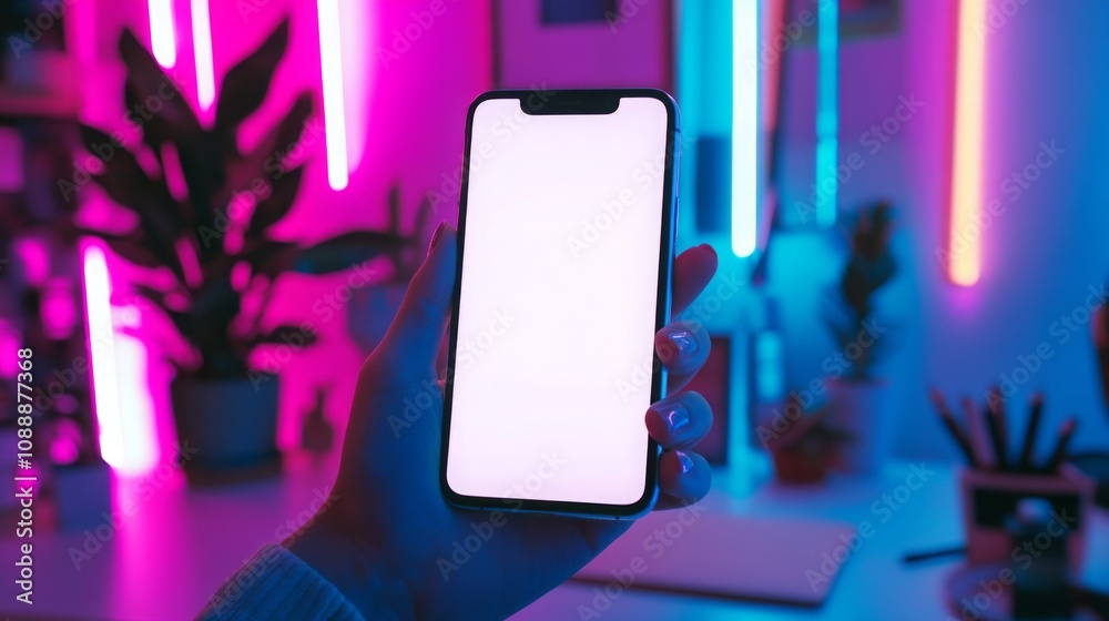 Poster A person holds a smartphone with a blank display in a colorful workspace illuminated by neon lights. The setup features glowing blue and pink hues, along with green plants in the background.