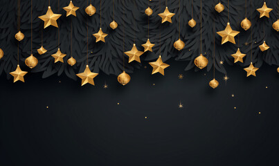 Abstract Christmas invitations with decorative stars in gold and black design. Simple decorated Christmas background.