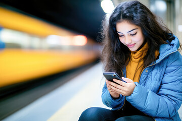 Young woman checking her phone at a subway station with a moving train in the background. 