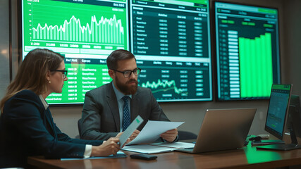 Finance team analyzing graph quarterly earnings report. business people having a meeting