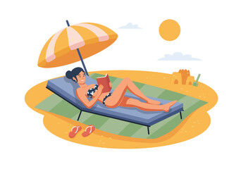 A woman relaxes on a sunbed while reading a book at the beach, with an umbrella for shade and sandcastle in the background. Vector illustration