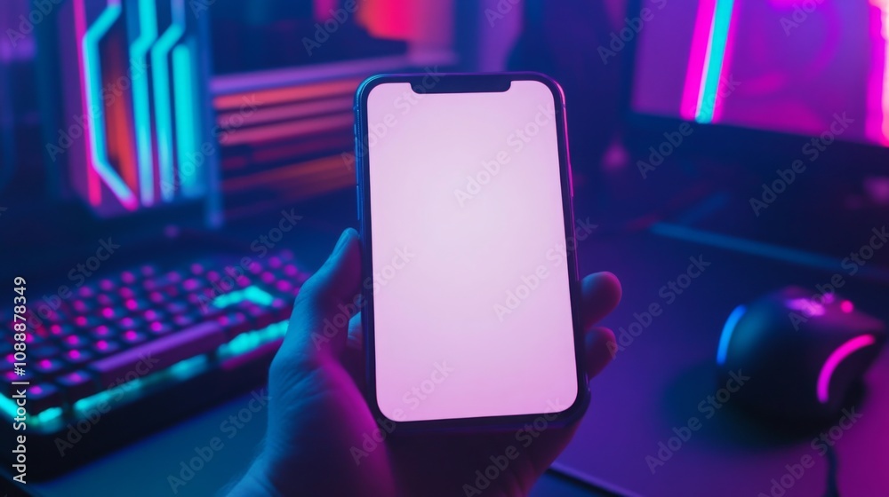 Aufkleber a hand grips a smartphone displaying a blank screen amidst a vibrant gaming environment, with backli