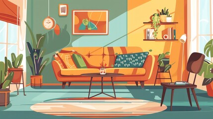 Obraz premium A cartoon illustration of a living room with a yellow sofa, a coffee table, a chair, and plants.