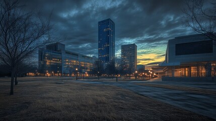 Obraz premium Cityscape at dusk, modern buildings, park.
