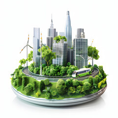 smart green city with electric transportation with a white accent, png