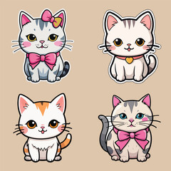 stickers with funny and cute cats. Vector collection sticker of funny cats on pink isolated background