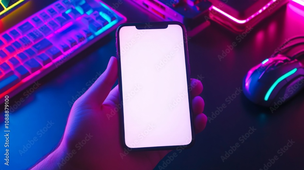 Poster A person is holding a smartphone with a blank screen against a vibrant gaming background illuminated by colorful LED lights. The setting showcases a modern and tech-savvy environment.