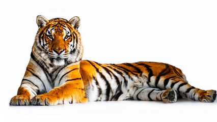 Obraz premium Tiger lying on white background.