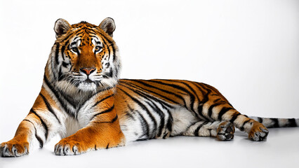 Obraz premium Tiger lying down, isolated on white background.