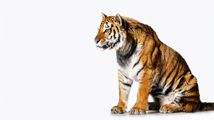 Obraz premium Tiger sitting on a white background.