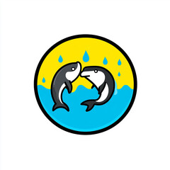 Obraz premium Two cartoon dolphins in a circle with water and rain drops.