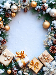 Christmas background with ornaments, pine cones, presents. Christmas background