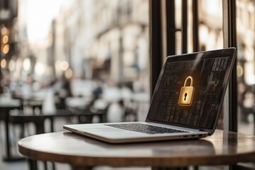 Cybersecurity Awareness Highlighted Through a Secure Laptop Display by Generative Ai Photo