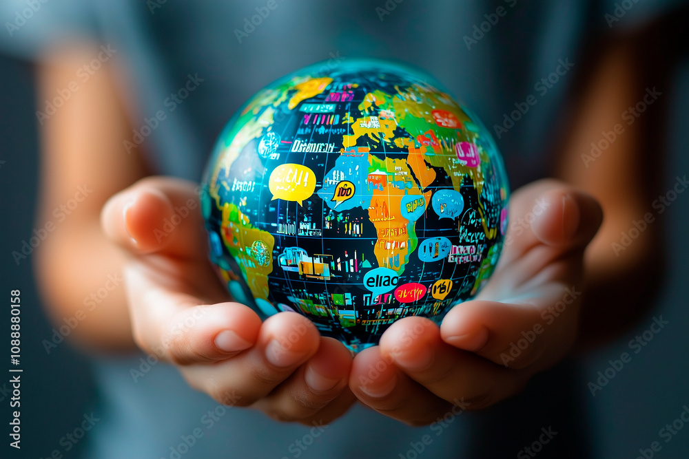 Fototapete multilingual language translation technology concept. a person holding holographic globe with speech