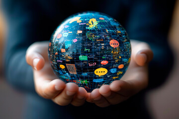 Multilingual Language Translation Technology Concept. A person holding holographic globe with speech bubbles and various languages, represents global language translate and multilingual communication
