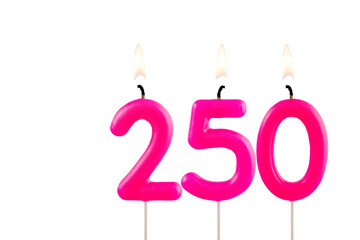 Pink candles forming the number 250 - Number of views, views or followers.