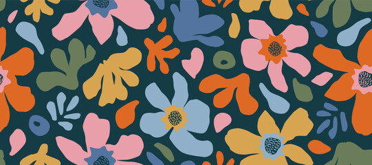 Abstract hand drawn flowers, seamless patterns with floral for fabric, textiles, clothing, poster, cover, banner, wall art, home decor, background. Vector illustration.