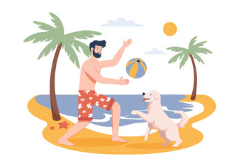 A man is having fun on the beach tossing a ball to a dog with palm trees and a sunny sky in the background. Vector illustration