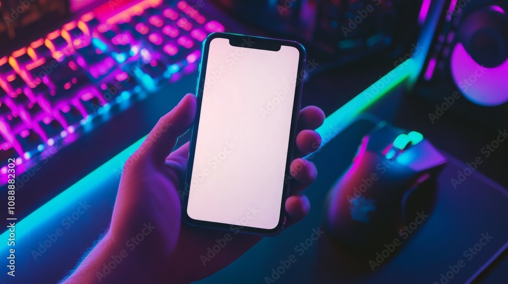 Poster A hand holds a smartphone displaying a blank screen, surrounded by a vibrant gaming environment illuminated by colorful LED lights and a gaming mouse resting nearby on a dark surface.
