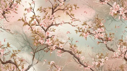 A lush, intricate illustration of a seamless sakura blossom pattern. Delicate pink petals intertwine with light green leaves, creating a delicate balance of colors.